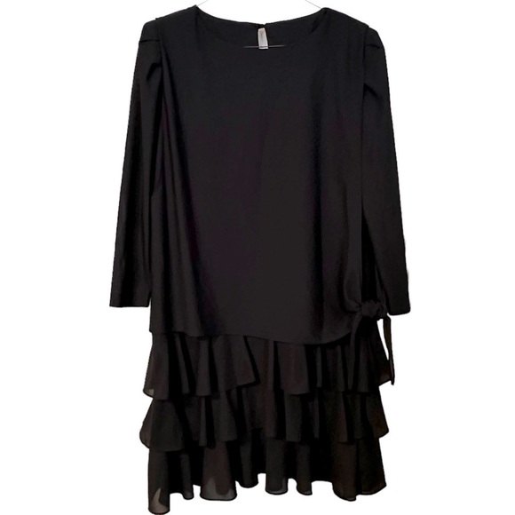 T Fe Vtg. Stunning Polyester Three Tiered Side Tie Long Sheer Sleeve Dress Sz 16 - Picture 1 of 16